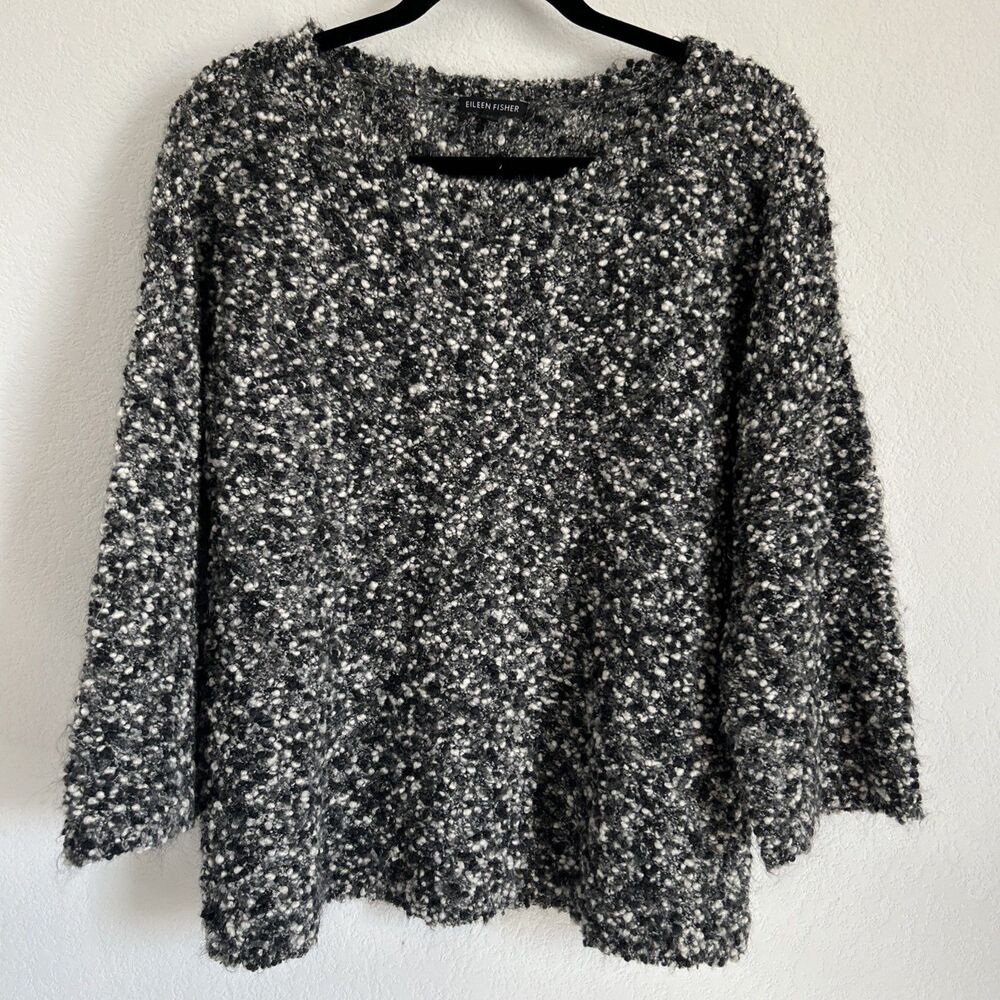 Eileen Fisher Sweater Grey Boucle Wool & Mohair Blend Knit Pullover Top Sz S